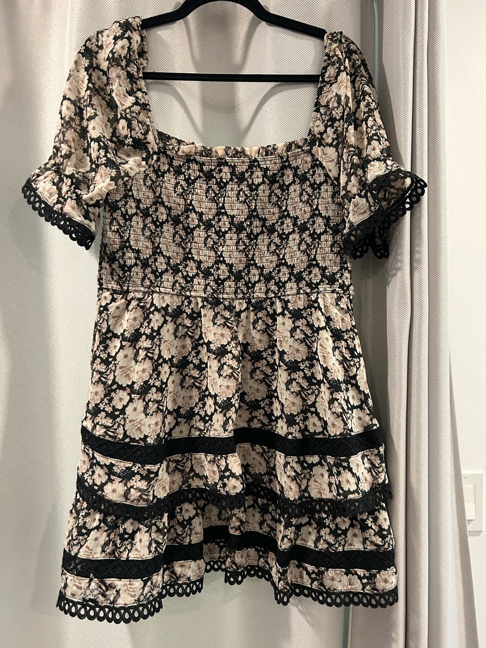 Altar'd State Black and Cream Floral Smocked Mini Dress